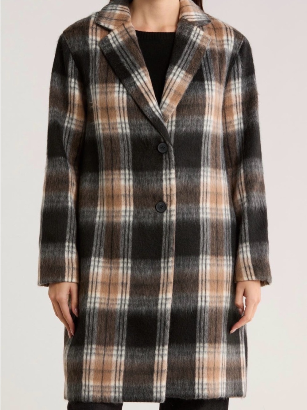 Lucky Brand Plaid Single Breasted Coat in Black, Tan and White